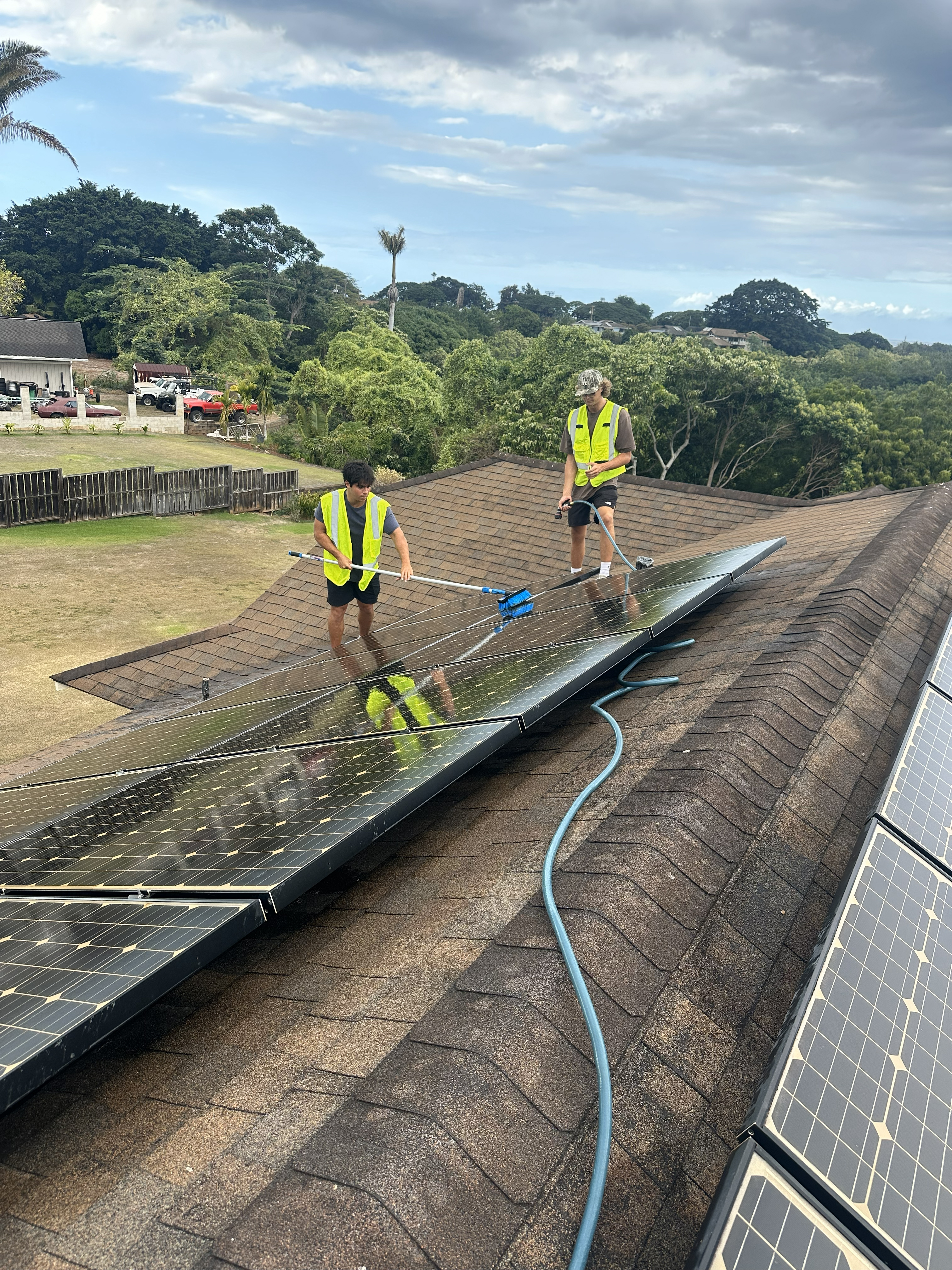 Solar panel cleaning crew at work